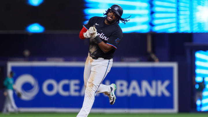 Jun 21, 2024; Miami, Florida, USA; Miami Marlins designated hitter Josh Bell (9) circles the bases after hitting a home run against the Seattle Mariners during the sixth inning at loanDepot Park. Mandatory Credit: Sam Navarro-USA TODAY Sports
