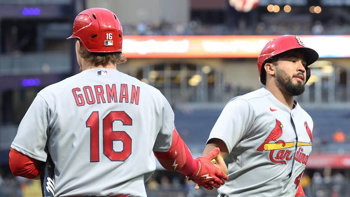 Apr 28, 2026; Pittsburgh, Pennsylvania, USA; St. Louis Cardinals second baseman Nolan Gorman (16) congratulates designated hitter Ivan Herrera (48) after Herrera scored a run against the Pittsburgh Pirates during the fifth inning at PNC Park. Mandatory Credit: Charles LeClaire-Imagn Images
