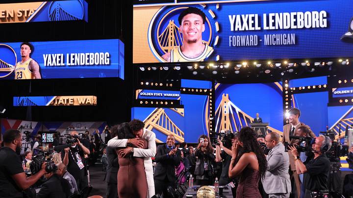 Jun 23, 2026; New York, NY, USA; NBA commissioner Adam Silver announces the eleventh pick in the 2026 NBA draft, Michigan forward Yaxel Lendeborg after he was selected by the Golden State Warriors at Barclays Center. Mandatory Credit: Brad Penner-Imagn Images