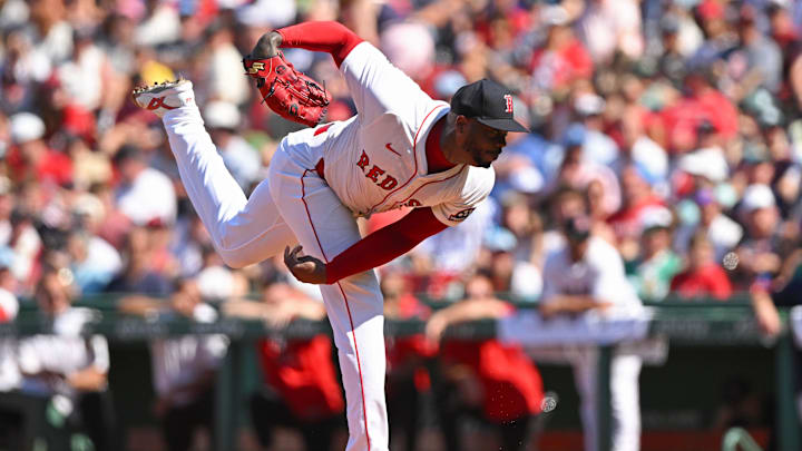 Red Sox pitcher Aroldis Chapman throws fastballs an average speed of 98.6 mph. Red Sox pitcher Aroldis Chapman throws fastballs an average speed of 98.6 mph.