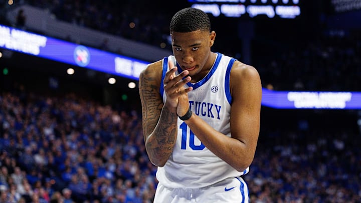 Feb 8, 2025; Lexington, Kentucky, USA; Kentucky Wildcats forward Brandon Garrison (10) celebrates during the first half against the South Carolina Gamecocks at Rupp Arena at Central Bank Center. Mandatory Credit: Jordan Prather-Imagn Images Feb 8, 2025; Lexington, Kentucky, USA; Kentucky Wildcats forward Brandon Garrison (10) celebrates during the first half against the South Carolina Gamecocks at Rupp Arena at Central Bank Center. Mandatory Credit: Jordan Prather-Imagn Images