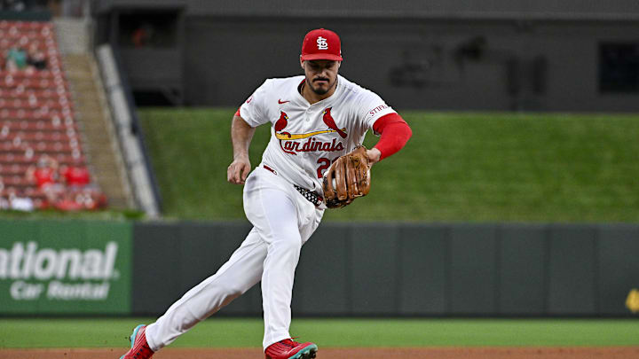 Sep 16, 2024; St. Louis, Missouri, USA;  St. Louis Cardinals third baseman Nolan Arenado (28) fields a ground ball against the Pittsburgh Pirates during the first inning at Busch Stadium. Mandatory Credit: Jeff Curry-Imagn Images
