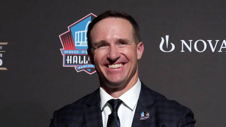 Feb 5, 2026; San Francisco, CA, USA;  Drew Brees during a press conference introducing the NFL Hall of Fame Class of 2026 at Palace of Fine Arts. Mandatory Credit: Kirby Lee-Imagn Images