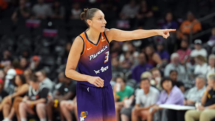 Aug 3, 2023; Phoenix, Arizona, USA; Phoenix Mercury guard Diana Taurasi (3) looks on against the Atlanta Dream during the first half at Footprint Center. Mandatory Credit: Joe Camporeale-Imagn Images