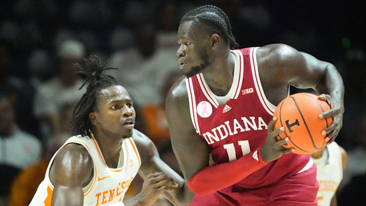Indiana center Oumar Ballo (11) guarded by Tennessee forward Felix Okpara (34) during an exhibition game in Knoxville. Tenn. Indiana center Oumar Ballo (11) guarded by Tennessee forward Felix Okpara (34) during an exhibition game in Knoxville. Tenn.