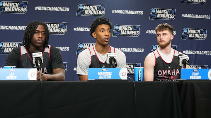 Mar 19, 2025; Providence, RI, USA; Omaha Mavericks guard JJ White (1) and Omaha Mavericks forward Marquel Sutton (10) and Omaha Mavericks guard Tony Osburn (32) answer questions during the First Round Practice Session Press Conference at Amica Mutual Pavilion. Mandatory Credit: Gregory Fisher-Imagn Images Mar 19, 2025; Providence, RI, USA; Omaha Mavericks guard JJ White (1) and Omaha Mavericks forward Marquel Sutton (10) and Omaha Mavericks guard Tony Osburn (32) answer questions during the First Round Practice Session Press Conference at Amica Mutual Pavilion. Mandatory Credit: Gregory Fisher-Imagn Images