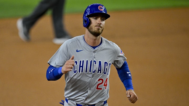 Mar 31, 2024; Arlington, Texas, USA; Chicago Cubs center fielder Cody Bellinger (24)