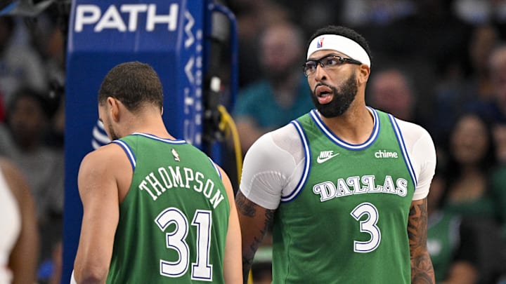 Oct 26, 2025; Dallas, Texas, USA; Dallas Mavericks guard Klay Thompson (31) and forward Anthony Davis (3) look on during the game between the Mavericks and the Raptors at the American Airlines Center. Mandatory Credit: Jerome Miron-Imagn Images Oct 26, 2025; Dallas, Texas, USA; Dallas Mavericks guard Klay Thompson (31) and forward Anthony Davis (3) look on during the game between the Mavericks and the Raptors at the American Airlines Center. Mandatory Credit: Jerome Miron-Imagn Images