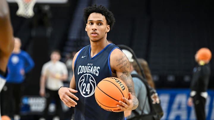 Mar 18, 2026; Portland, OR, USA; BYU Cougars forward Dominique Diomande (24) looks on during a practice session ahead of the first round of the men's 2026 NCAA Tournament at Moda Center. Mandatory Credit: Craig Strobeck-Imagn Images