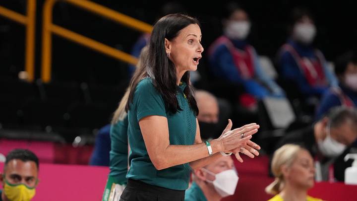 Aug 4, 2021; Saitama, Japan; Australia head coach Sandy Brondello on the sidelines as Australia plays USA during the Tokyo 2020 Olympic Summer Games at Saitama Super Arena. Mandatory Credit: Kyle Terada-Imagn Images