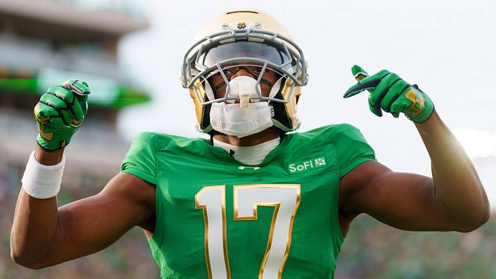 Notre Dame wide receiver Elijah Burress celebrates after scoring a touchdown during a NCAA football game against Stanford at Notre Dame Stadium on Saturday, Oct. 10, 2026, in South Bend. Notre Dame wide receiver Elijah Burress celebrates after scoring a touchdown during a NCAA football game against Stanford at Notre Dame Stadium on Saturday, Oct. 10, 2026, in South Bend.