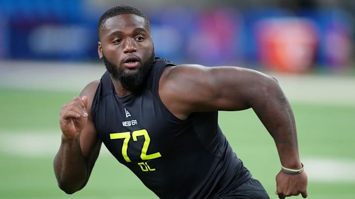 Central Arkansas defensive lineman David Walker participates in drills during the 2025 NFL Combine.