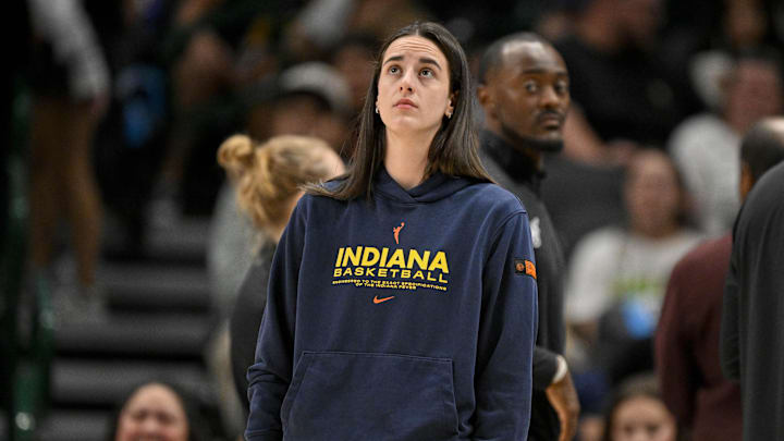 Aug 1, 2025; Dallas, Texas, USA; Indiana Fever guard Caitlin Clark (22) during the game between the Dallas Wings and the Indiana Fever at the American Airlines Center. Mandatory Credit: Jerome Miron-Imagn Images