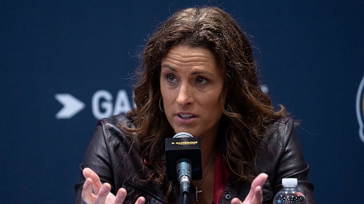 Stephanie White, new Indiana Fever head coach, speaks Monday, Nov. 4, 2024, during a press conference held on Salesforce Court at Gainbridge Fieldhouse in Indianapolis.