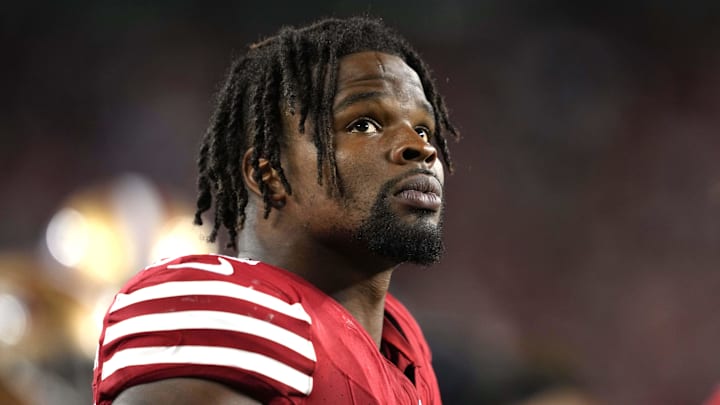 Oct 8, 2023; Santa Clara, California, USA; San Francisco 49ers linebacker Dre Greenlaw (57) during the fourth quarter against the Dallas Cowboys at Levi's Stadium. Mandatory Credit: Darren Yamashita-Imagn Images
