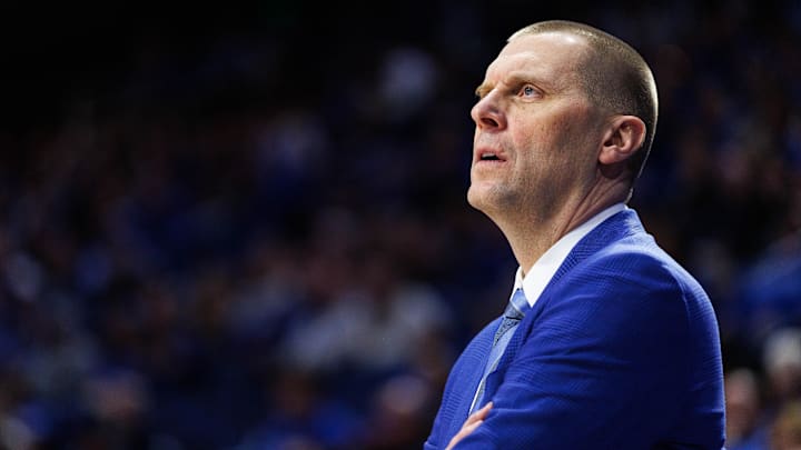 Jan 24, 2026; Lexington, Kentucky, USA; Kentucky Wildcats head coach Mark Pope looks on during the first half against the Mississippi Rebels at Rupp Arena at Central Bank Center. Mandatory Credit: Jordan Prather-Imagn Images