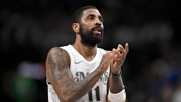 Feb 8, 2025; Dallas, Texas, USA; Dallas Mavericks guard Kyrie Irving (11) during the game between the Dallas Mavericks and the Houston Rockets at the American Airlines Center. Mandatory Credit: Jerome Miron-Imagn Images