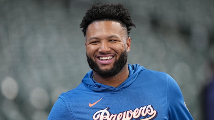 Apr 12, 2026; Milwaukee, Wisconsin, USA;  Milwaukee Brewers outfielder Jackson Chourio (11) looks on prior to the game against the Washington Nationals at American Family Field. Mandatory Credit: Jeff Hanisch-Imagn Images