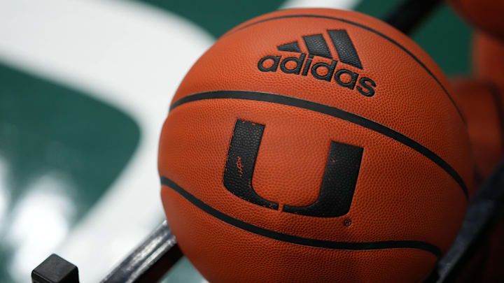 A general view of a basketball with the University of Miami logo on a rack prior to the game between the Miami Hurricanes and the Lipscomb Bisons at Watsco Center. A general view of a basketball with the University of Miami logo on a rack prior to the game between the Miami Hurricanes and the Lipscomb Bisons at Watsco Center.