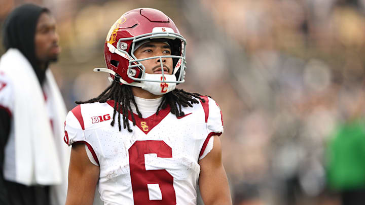 Sep 13, 2025; West Lafayette, Indiana, USA; Southern California Trojans wide receiver Makai Lemon (6) warms up before the game against the Purdue Boilermakers at Ross-Ade Stadium. Mandatory Credit: Marc Lebryk-Imagn Images