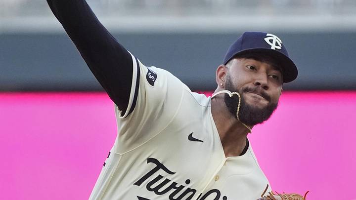May 13, 2026; Minneapolis, Minnesota, USA; Minnesota Twins relief pitcher Simeon Woods Richardson (24) throws to the Miami Marlins in the second inning at Target Field. Mandatory Credit: Bruce Kluckhohn-Imagn Images