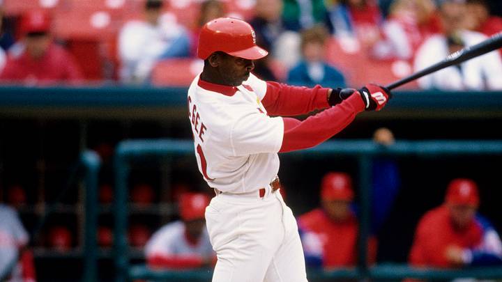 1996, St. Louis, MO, USA; FILE PHOTO; St. Louis Cardinals outfielder Willie McGee in action at the plate at Busch Stadium during the 1996 season. Mandatory Credit: RVR Photos-USA TODAY Sports 1996, St. Louis, MO, USA; FILE PHOTO; St. Louis Cardinals outfielder Willie McGee in action at the plate at Busch Stadium during the 1996 season. Mandatory Credit: RVR Photos-USA TODAY Sports