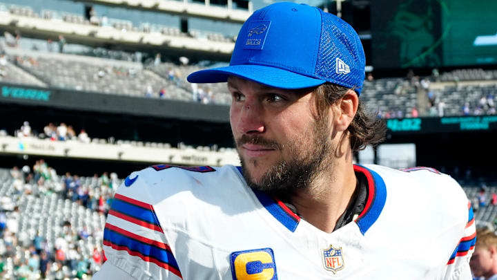 Buffalo Bills quarterback Josh Allen (17) is shown after the game as he waits for an interview begin, Sunday, September 14, 2025, in East Rutherford.