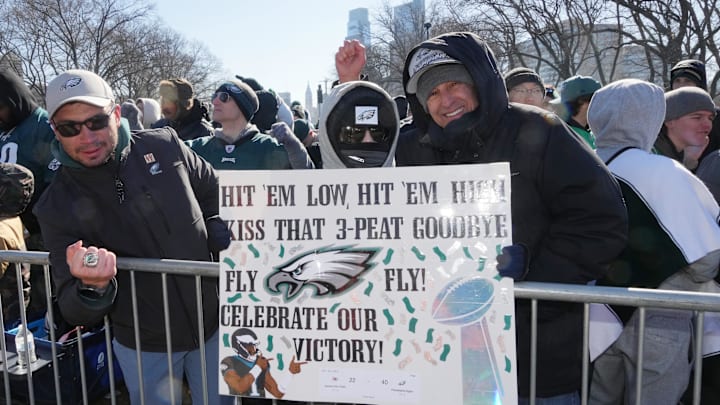 Philadelphia Eagles fans cheer before the Super Bowl LIX championship parade and rally. 