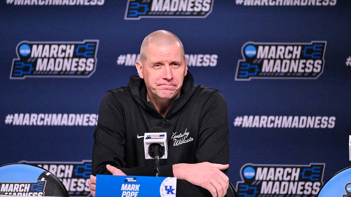 Mar 19, 2026; St. Louis, MO, USA; Kentucky Wildcats head coach Mark Pope talks with the media during a practice session ahead of the first round of the men's 2026 NCAA Tournament at Enterprise Center. Mandatory Credit: Jeff Curry-Imagn Images