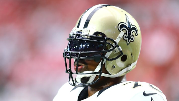 Sep 13, 2015; Glendale, AZ, USA; New Orleans Saints guard Jahri Evans against the Arizona Cardinals at University of Phoenix Stadium. Mandatory Credit: Mark J. Rebilas-Imagn Images Sep 13, 2015; Glendale, AZ, USA; New Orleans Saints guard Jahri Evans against the Arizona Cardinals at University of Phoenix Stadium. Mandatory Credit: Mark J. Rebilas-Imagn Images