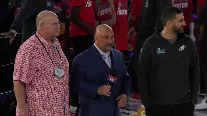 Kansas City Chiefs head coach Andy Reid and Philadelphia Eagles head coach Nick Sirianni with NFL on FOX analyst Jay Glazer during Super Bowl Opening Night in 2023. Kansas City Chiefs head coach Andy Reid and Philadelphia Eagles head coach Nick Sirianni with NFL on FOX analyst Jay Glazer during Super Bowl Opening Night in 2023.