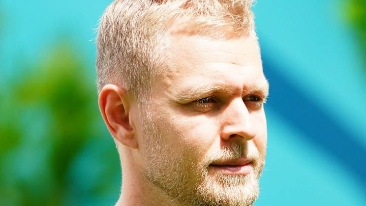 May 5, 2024; Miami Gardens, Florida, USA; Hass drive Kevin Magnussen (20) arrives in the paddock