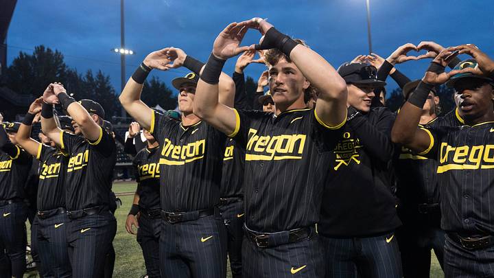 The Oregon Ducks celebrate their victory over Yale during the NCAA Eugene Regional Baseball Tournament. The Oregon Ducks celebrate their victory over Yale during the NCAA Eugene Regional Baseball Tournament.