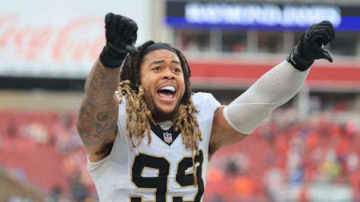 Dec 7, 2025; Tampa, Florida, USA; New Orleans Saints defensive end Chase Young (99) reacts after defeating the Tampa Bay Buccaneers at Raymond James Stadium. Mandatory Credit: Kim Klement Neitzel-Imagn Images Dec 7, 2025; Tampa, Florida, USA; New Orleans Saints defensive end Chase Young (99) reacts after defeating the Tampa Bay Buccaneers at Raymond James Stadium. Mandatory Credit: Kim Klement Neitzel-Imagn Images