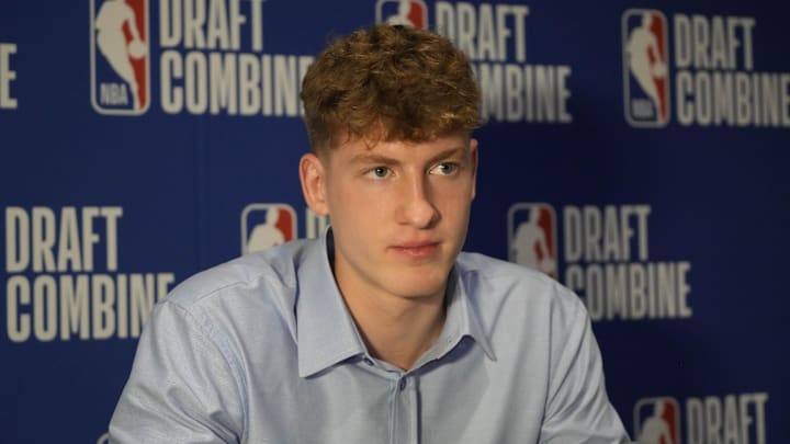 May 14, 2025; Chicago, Il, USA; Kasparas Jakucionis talks to the media during the 2025 NBA Draft Combine at Marriott Marquis Chicago. Mandatory Credit: David Banks-Imagn Images May 14, 2025; Chicago, Il, USA; Kasparas Jakucionis talks to the media during the 2025 NBA Draft Combine at Marriott Marquis Chicago. Mandatory Credit: David Banks-Imagn Images