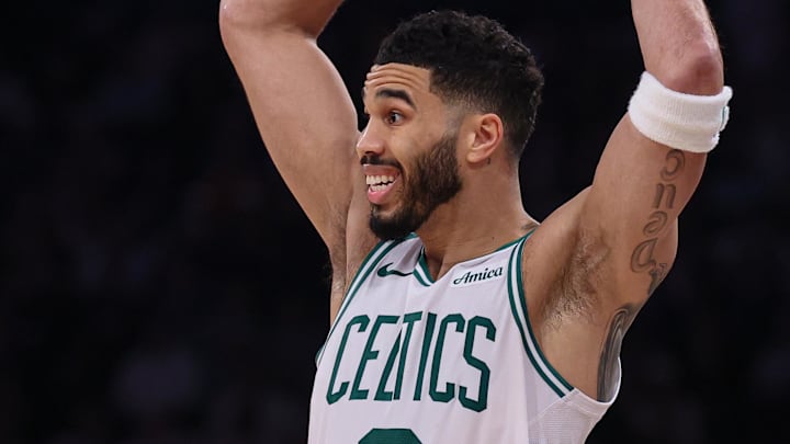 May 12, 2025; New York, New York, USA; Boston Celtics forward Jayson Tatum (0) looks to pass in the second half during game four of the second round for the 2025 NBA Playoffs against the New York Knicks at Madison Square Garden. Mandatory Credit: Vincent Carchietta-Imagn Images