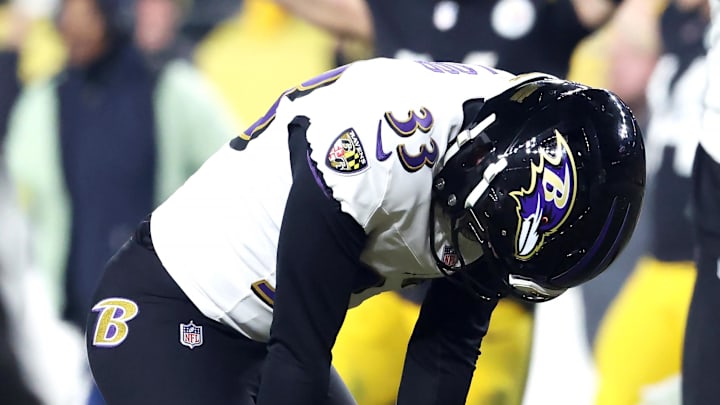 Ravens kicker Tyler Loop reacts after missing late field goal against the Steelers.