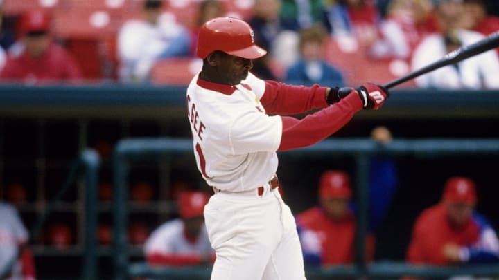 1996, St. Louis, MO, USA; FILE PHOTO; St. Louis Cardinals outfielder Willie McGee in action at the plate at Busch Stadium during the 1996 season. Mandatory Credit: RVR Photos-Imagn Images