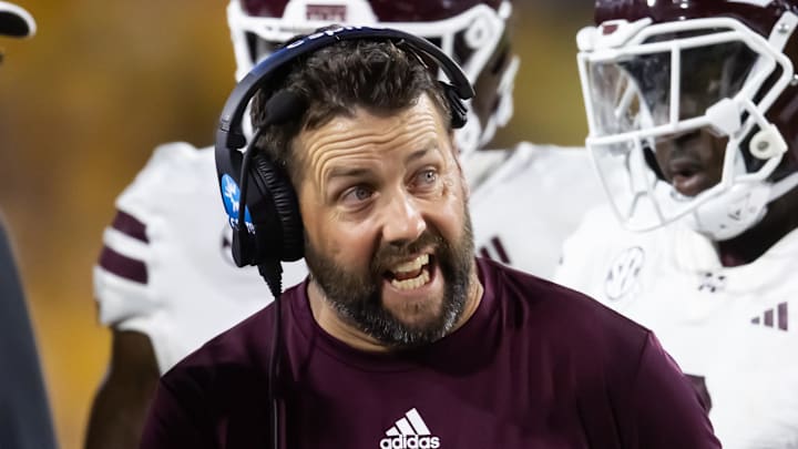 Mississippi State Bulldogs defensive coordinator Coleman Hutzler against the Arizona State Sun Devils at Mountain America Stadium. Mississippi State Bulldogs defensive coordinator Coleman Hutzler against the Arizona State Sun Devils at Mountain America Stadium.