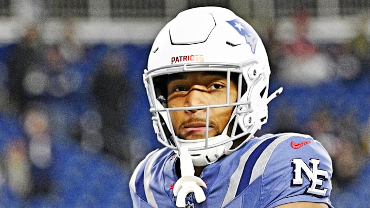 Nov 13, 2025; Foxborough, Massachusetts, USA; New England Patriots running back TreVeyon Henderson (32) looks on before the start of the game against the New York Jets at Gillette Stadium. Mandatory Credit: Eric Canha-Imagn Images