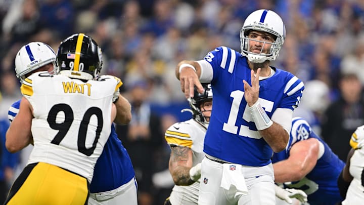 Sep 29, 2024; Indianapolis, Indiana, USA; Indianapolis Colts quarterback Joe Flacco (15) throws a pass during the second quarter against the Pittsburgh Steelers at Lucas Oil Stadium. Mandatory Credit: Marc Lebryk-Imagn Images Sep 29, 2024; Indianapolis, Indiana, USA; Indianapolis Colts quarterback Joe Flacco (15) throws a pass during the second quarter against the Pittsburgh Steelers at Lucas Oil Stadium. Mandatory Credit: Marc Lebryk-Imagn Images