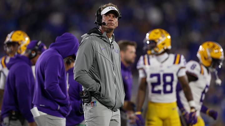 Oct 10, 2026; Lexington, Kentucky, USA;  LSU Tigers head coach Lane Kiffin looks on during the second quarter against the Kentucky Wildcats at Kroger Field.  Mandatory Credit: Jordan Prather-Imagn Images