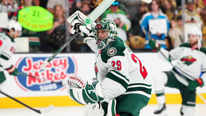 Apr 20, 2025; Las Vegas, Nevada, USA; Minnesota Wild goaltender Marc-Andre Fleury (29) warms up before game one of the first round of the 2025 Stanley Cup Playoffs against the Vegas Golden Knights at T-Mobile Arena. Mandatory Credit: Stephen R. Sylvanie-Imagn Images