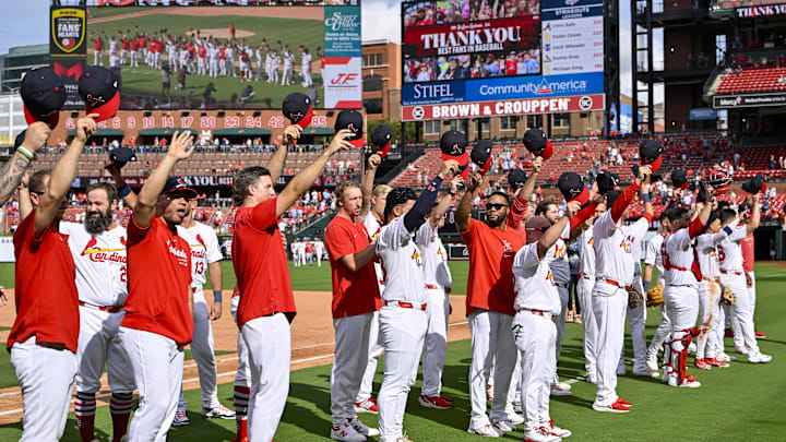 Sep 22, 2024; St. Louis, Missouri, USA;  St. Louis Cardinals salute their fans after their final home game of the season and a victory over the Cleveland Guardians at Busch Stadium. Mandatory Credit: Jeff Curry-Imagn Images