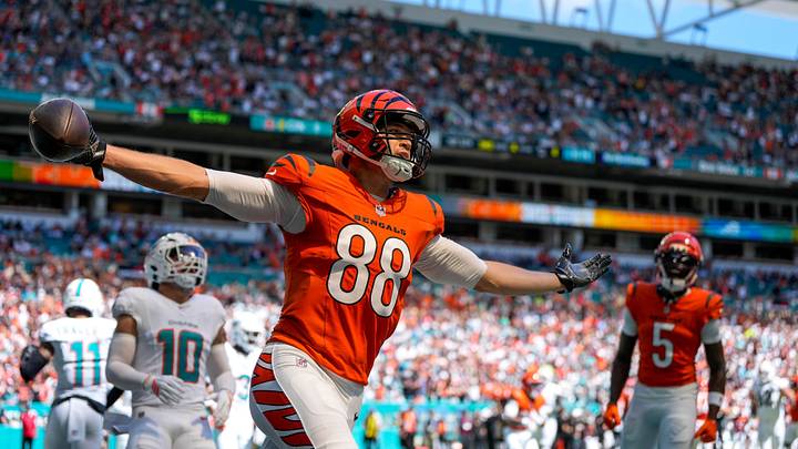 Cincinnati Bengals tight end Mike Gesicki (88) celebrates a touchdown on the opening drive of the first quarter of the NFL Week 5 game between the Miami Dolphins and the Cincinnati Bengals at Hard Rock Stadium in Miami Gardens, Florida, on Sunday, Oct. 11, 2026. Cincinnati Bengals tight end Mike Gesicki (88) celebrates a touchdown on the opening drive of the first quarter of the NFL Week 5 game between the Miami Dolphins and the Cincinnati Bengals at Hard Rock Stadium in Miami Gardens, Florida, on Sunday, Oct. 11, 2026.