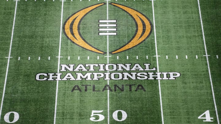 Jan 19, 2025; Atlanta, GA, USA; The College Football Playoff National Championship logo at midfield at Mercedes-Benz Stadium, the site of the 2025 College Football Playoff National Championship between the Ohio State Buckeyes and the Notre Dame Fighting Irish. Mandatory Credit: Kirby Lee-Imagn Images
