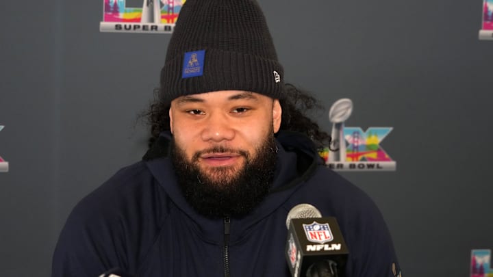 Feb 3, 2026; Santa Clara, CA, USA; New England Patriots defensive tackle Khyiris Tonga speaks to the media during Super Bowl LX press conference at Santa Clara Marriott. Mandatory Credit: Kirby Lee-Imagn Images