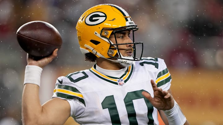 January 20, 2024; Santa Clara, CA, USA; Green Bay Packers quarterback Jordan Love (10) passes agains the 49ers. 
