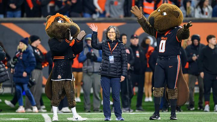 Nov 8, 2025; Corvallis, Oregon, USA; Oregon State Beavers mascots Vernice and Benny Beaver honor an attendee on the field during the second half against the Sam Houston Bearkats at Reser Stadium. Mandatory Credit: Craig Strobeck-Imagn Images Nov 8, 2025; Corvallis, Oregon, USA; Oregon State Beavers mascots Vernice and Benny Beaver honor an attendee on the field during the second half against the Sam Houston Bearkats at Reser Stadium. Mandatory Credit: Craig Strobeck-Imagn Images