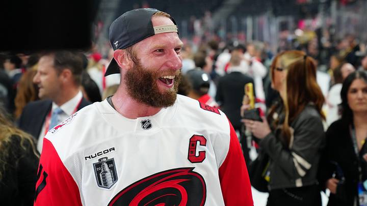 Jun 14, 2026; Las Vegas, Nevada, USA; Carolina Hurricanes center Jordan Staal (11) celebrates winning the the Stanley Cup after defeating the Vegas Golden Knights in game six of the 2026 Stanley Cup Final at T-Mobile Arena. Mandatory Credit: Stephen R. Sylvanie-Imagn Images